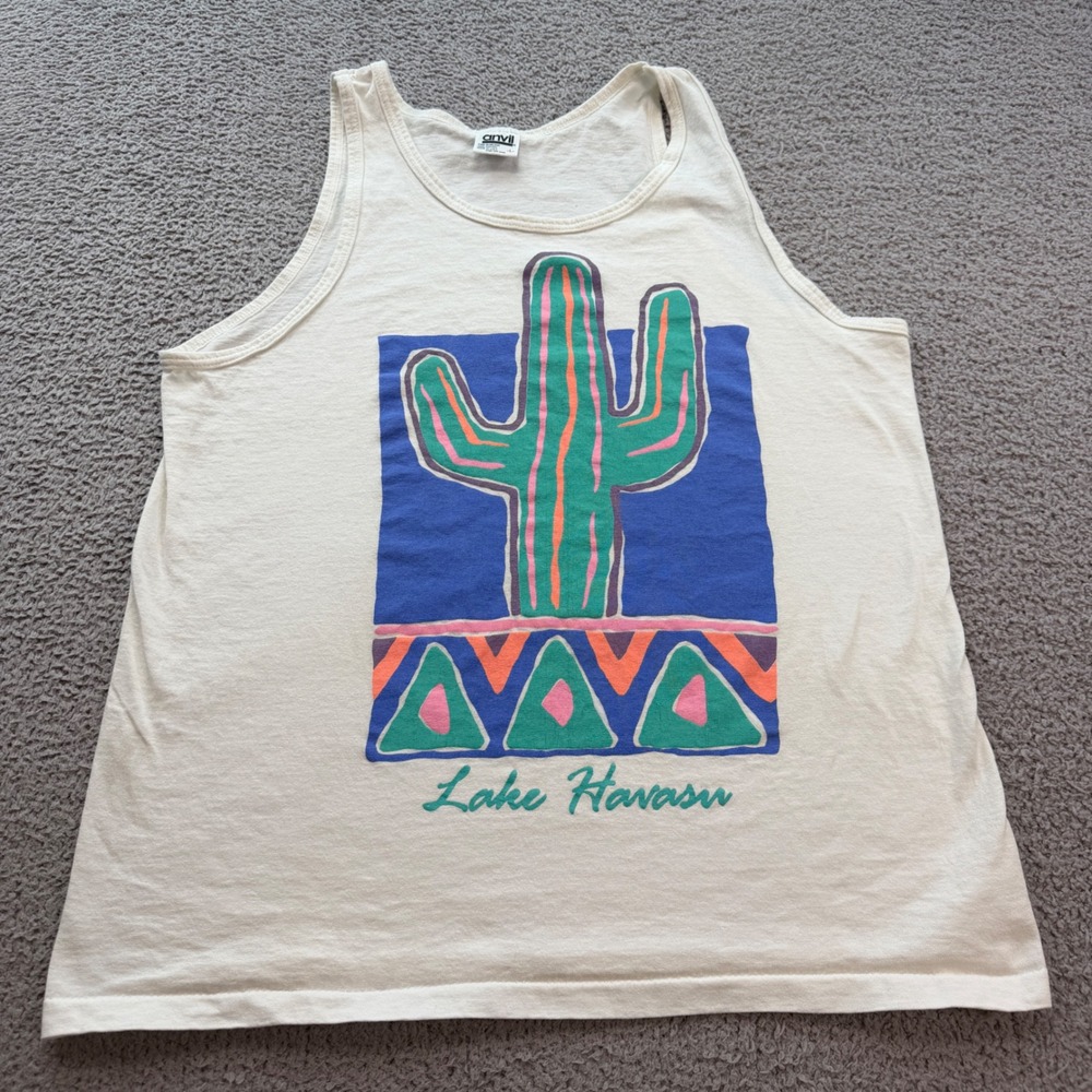 Vintage 90s Lake Havasu Cactus Tank Top Mens L Cream Single Stitch Made in USA